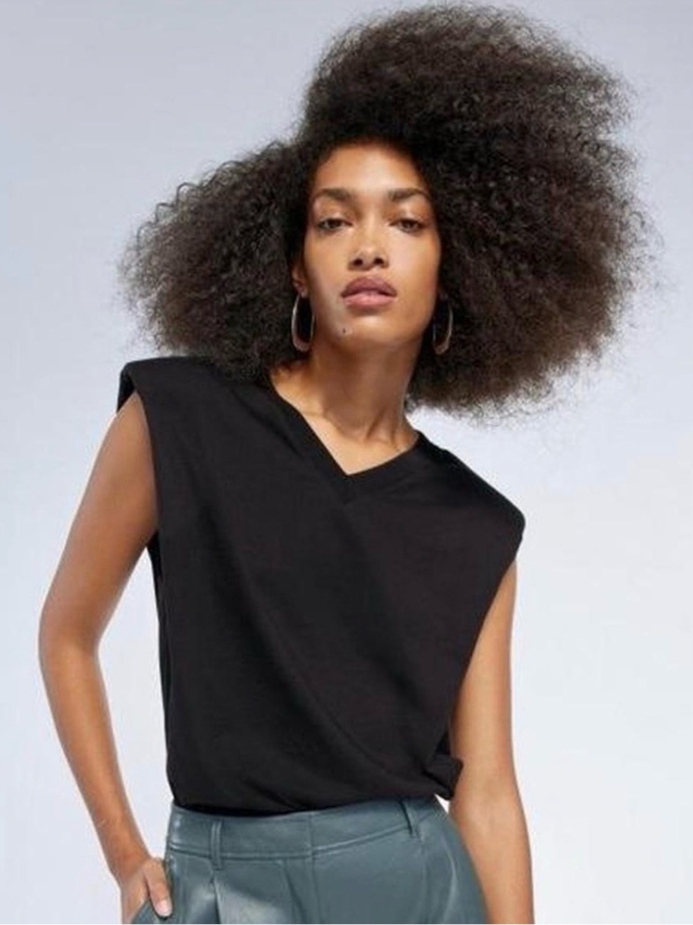 Babaton Padded Shoulder V-Neck Black Shirt Top